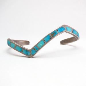 Vintage Zuni TQ Inlay Silver Zig Zag Cuff Bracelet  c.1950 1