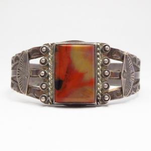 Antique T-bird Stamped Cuff Bracelet w/PetrifiedWood  c.1940