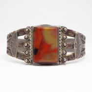 Antique T-bird Stamped Cuff Bracelet w/PetrifiedWood  c.1940