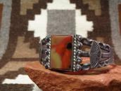Antique T-bird Stamped Cuff Bracelet w/PetrifiedWood  c.1940