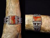 Antique T-bird Stamped Cuff Bracelet w/PetrifiedWood  c.1940