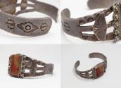 Antique T-bird Stamped Cuff Bracelet w/PetrifiedWood  c.1940