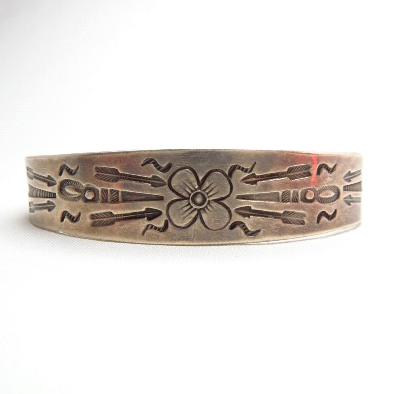 Antique Flower Stamped Silver Small Cuff Bracelet  c.1920
