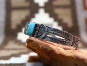 Vtg Navajo Stamped Split Band Cuff w/Sq. Turquoise  c.1940～