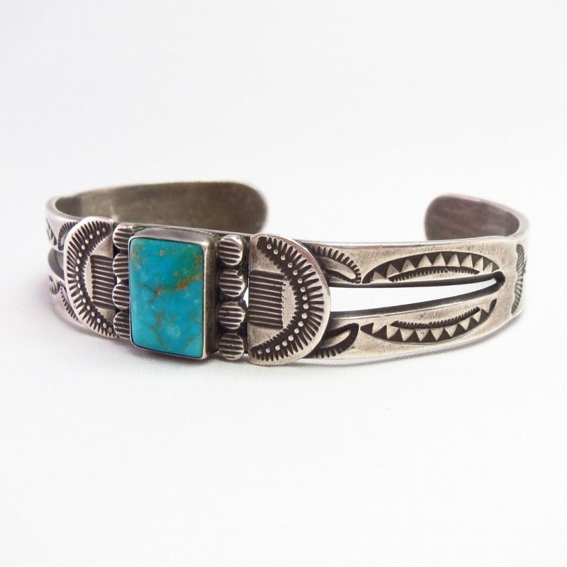 Vtg Navajo Stamped Split Band Cuff w/Sq. Turquoise  c.1940～