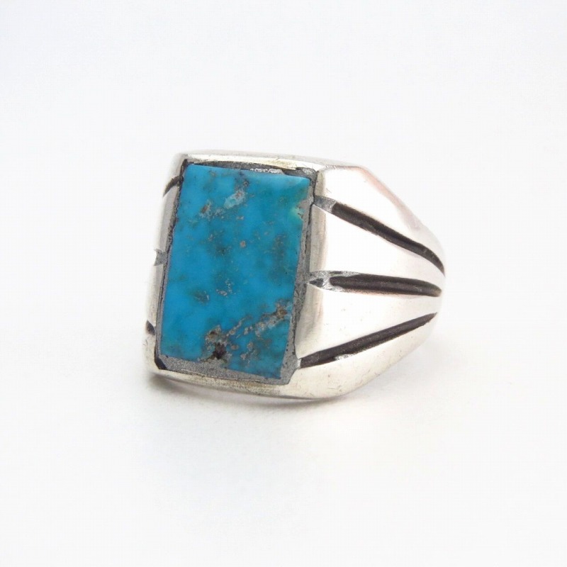 Vtg Navajo Cast Silver Men's Ring w/Sq. Turquoise  c.1965～