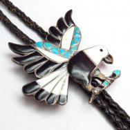 Vintage Zuni Channel Inlay Eagle Ornament Bolo Tie  c.1950～