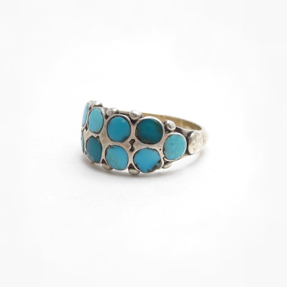 Vintage Zuni "DishtaStyle" Turquoise Inlay Worn Ring c.1950～