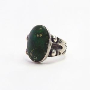 Antique Snake Stamped Silver Ring w/Green Turquoise  c.1940～