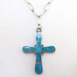 Vtg Zuni Hi-Grade Blue Gem TQ Inlay CrossTop Necklace c.1960