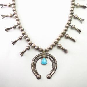 Vtg Navajo Silver Squash Blossom Naja Necklace w/TQ  c.1955～