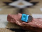 Atq Navajo Lines Filed Silver Ring w/Sq. Turquoise c.1935～