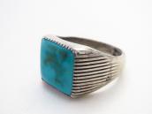 Atq Navajo Lines Filed Silver Ring w/Sq. Turquoise c.1935～