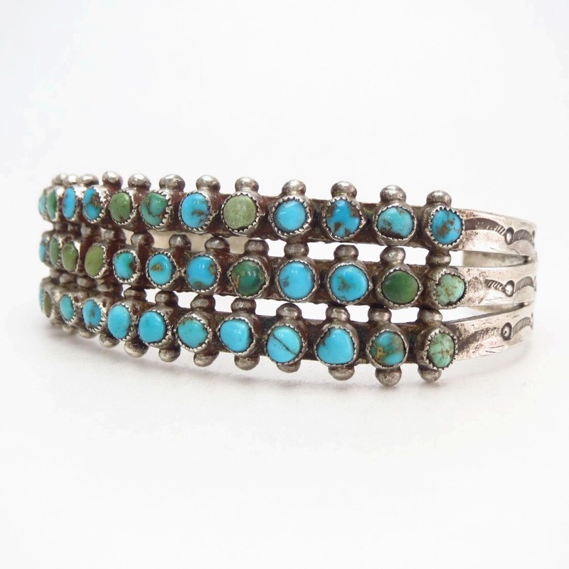 Vintage Zuni 3 Row Petit Point Turquois Cuff Bracelet c.1940
