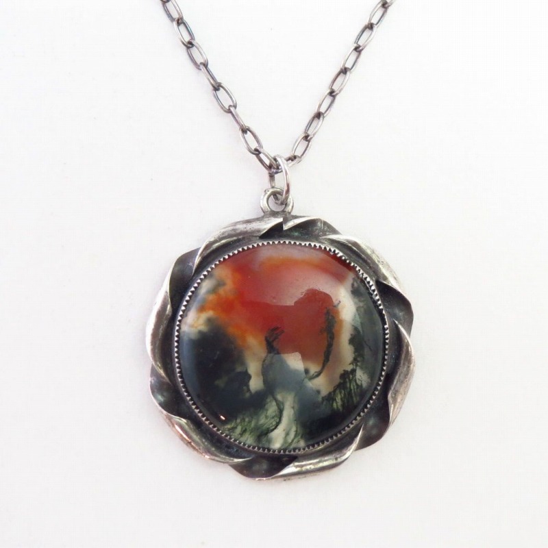 Vintage Navajo "HAND MADE" Moss Agate Top Necklace  c.1950～