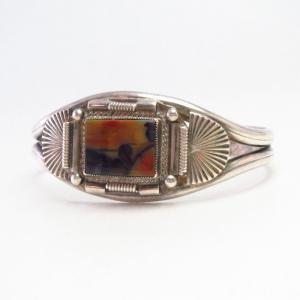 Vintage Double Half-Round Wires Cuff w/PetrifiedWood  c.1950