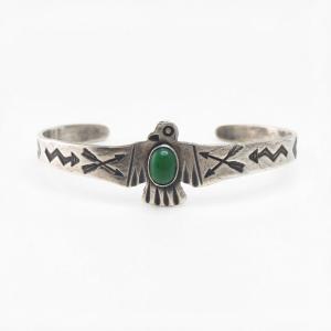 Atq T-bird Face Stamped Silver Small Cuff w/Turquoise c.1930