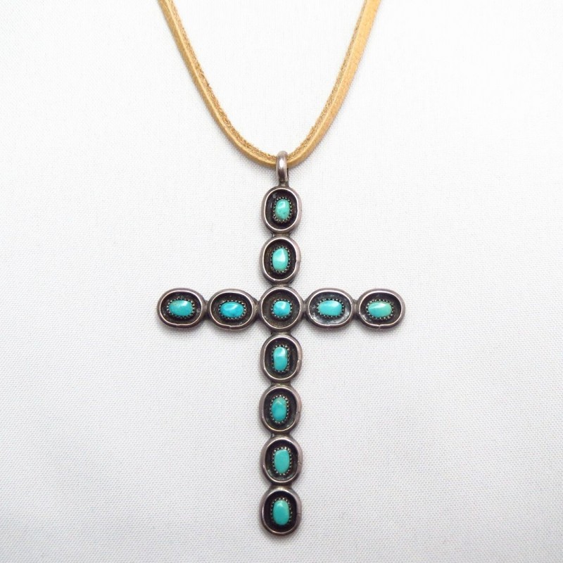 Vtg Zuni Eleven Turquoise & Silver Cross Fob Necklace c.1960