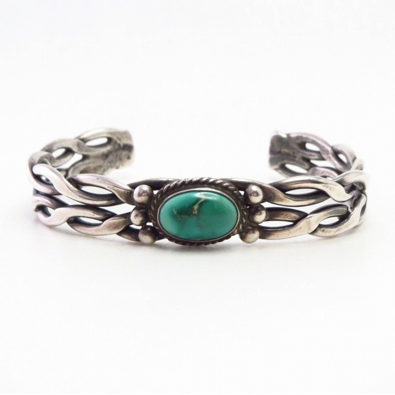 Vtg Navajo Two Twisted Wire Cuff w/Green Turquoise  c.1945～