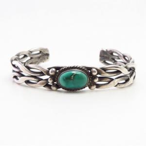 Vtg Navajo Two Twisted Wire Cuff w/Green Turquoise  c.1945～