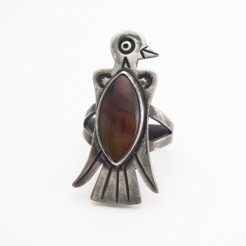Atq Thunderbird Shape Tourist Ring w/PetrifiedWood  c.1935～