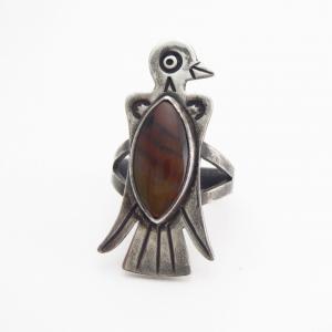 Atq Thunderbird Shape Tourist Ring w/PetrifiedWood  c.1935～
