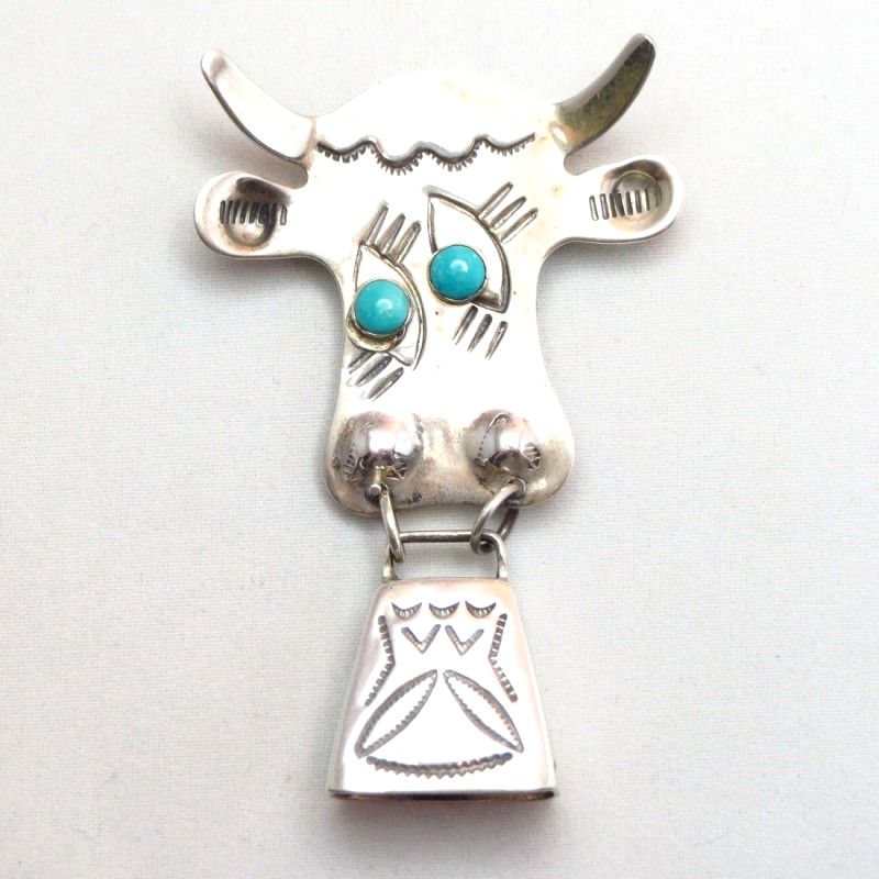 Antique 【VAUGHN'S】 Silver Cow & Bell Pin Brooch w/TQ  c.1935