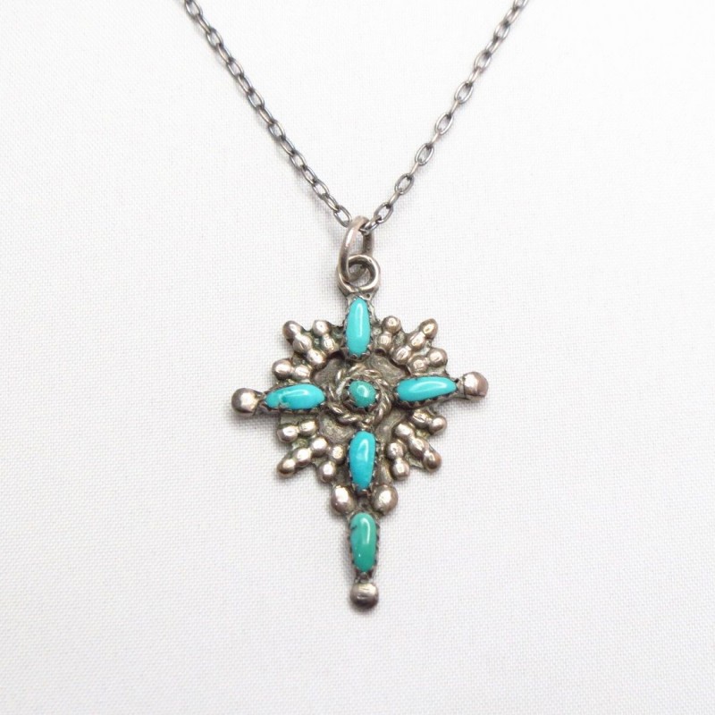 Vintage Zuni Sunburst Cross w/Turquoise Fob Necklace c.1955～