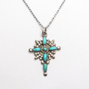 Vintage Zuni Sunburst Cross w/Turquoise Fob Necklace c.1955～