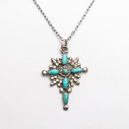Vintage Zuni Sunburst Cross w/Turquoise Fob Necklace c.1955～