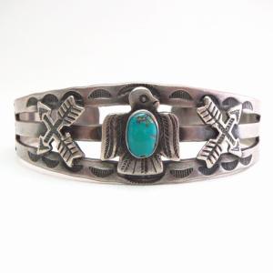 Atq Thunderbird & Crossed Arrows Applique Silver Cuff c.1940