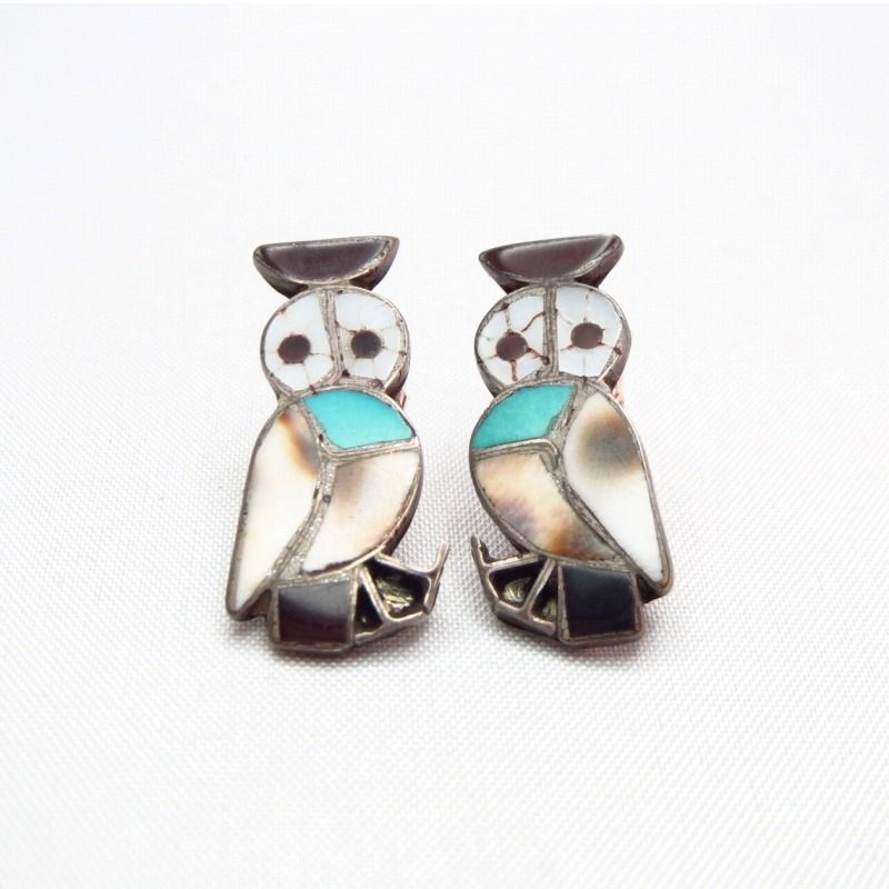 Vintage Zuni Inlay Owl Pierced Earrings  c.1970～