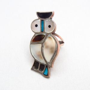 Vintage Zuni Inlay Owl Silver Ring  c.1970