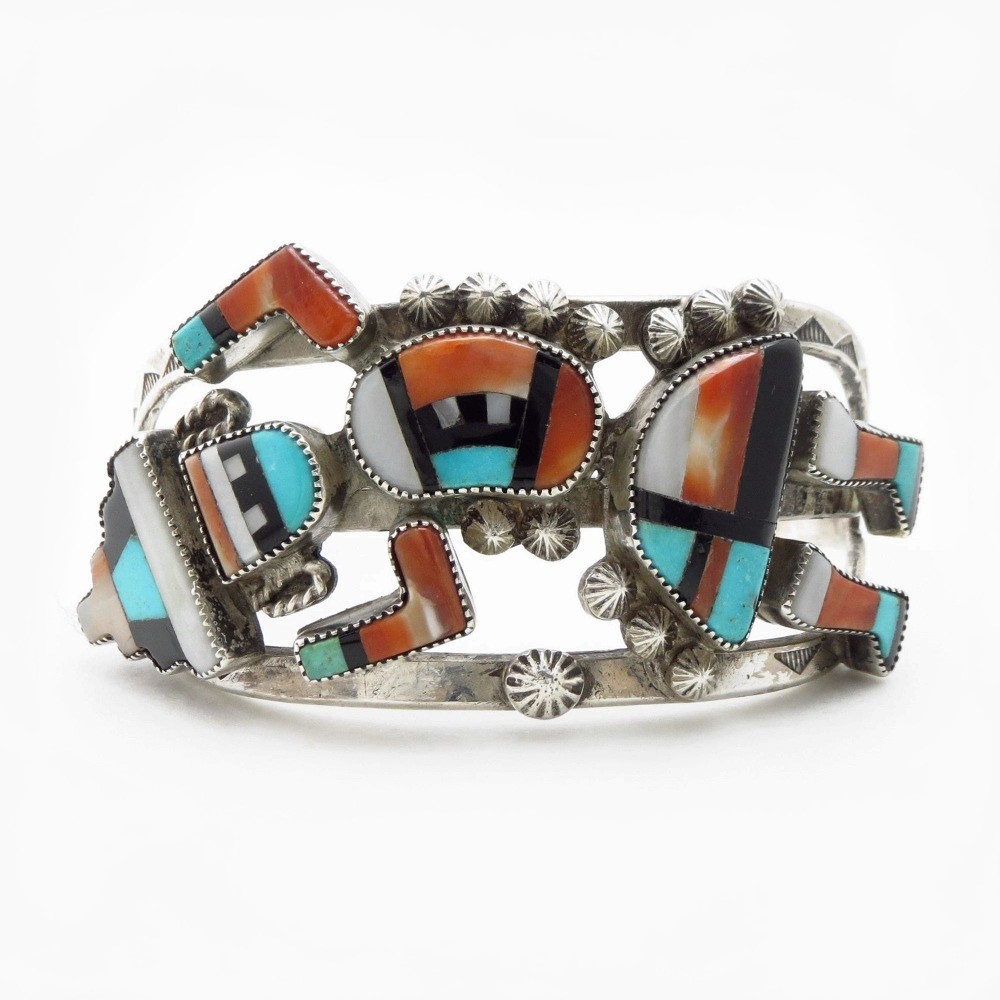 Atq Zuni & Navajo Rainbow Man Inlay Ingot Silver Cuff c.1950