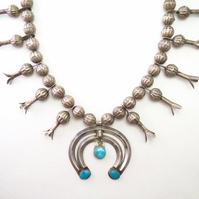 Vtg Navajo Squash Blossom Naja Necklace w/BlueGem TQ c.1950～