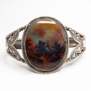 Antique Navajo Twistd SilverWire Cuff w/PetrifiedWood c.1940