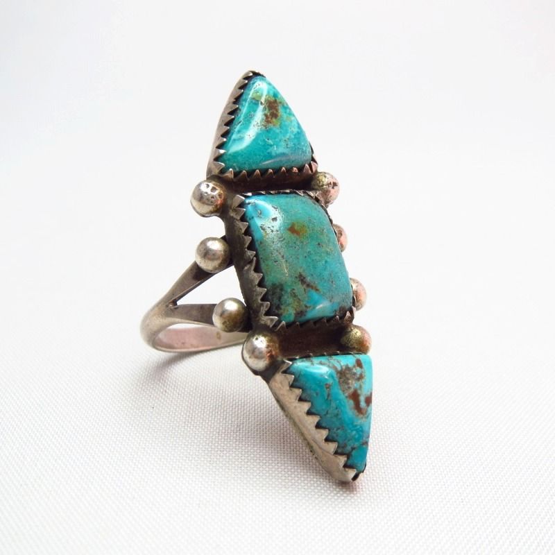 Vintage Navajo Triple Turquoise Silver Ring c.1970