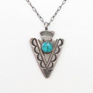 Atq Navajo Stamped Arrowhead Fob w/Turquoise Necklace c.1930