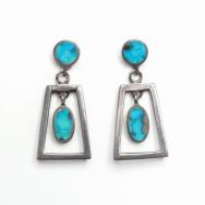 Vtg Zuni Turquoise Inlay Dangle Screw-back Earring  c.1950～