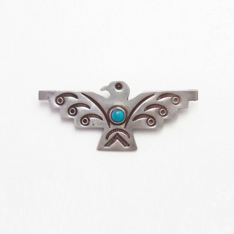 Antique Navajo Stamped T-bird Shaped Pin w/Turquoise c.1930～