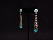 Vintage Zuni Turquoise Inlay Feather Dangle Earring  c.1950