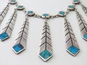 Vintage Zuni Turquoise Inlay Feather Dangle Necklace  c.1950