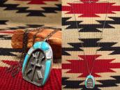 OLD Zuni Turquoise & Shell Inlay Cross Fob Necklace  c.1970～
