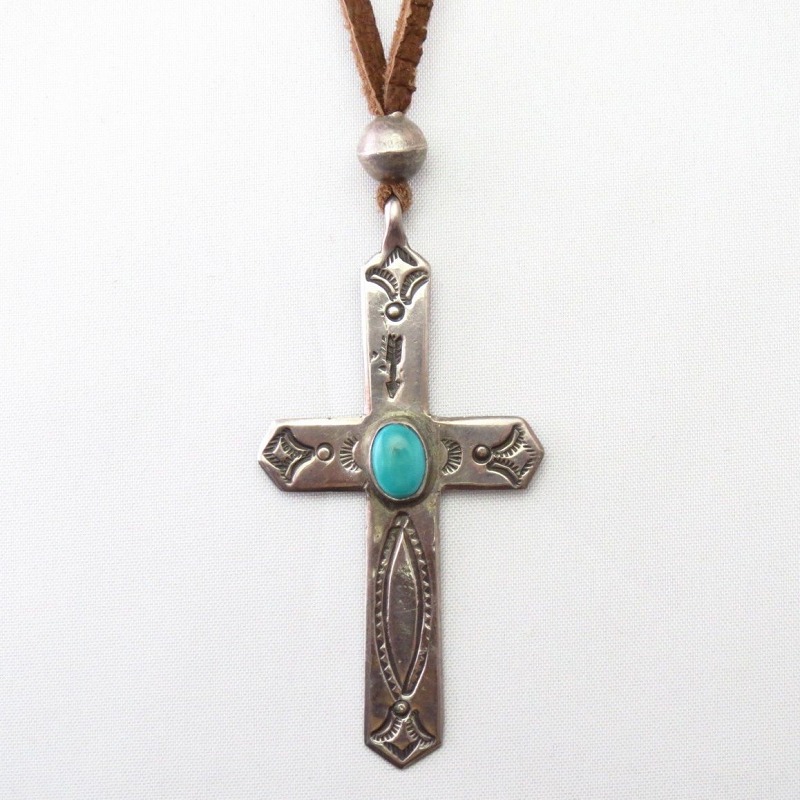 Antique Stamped Silver Cross Fob Necklace w/Beads  c.1920～