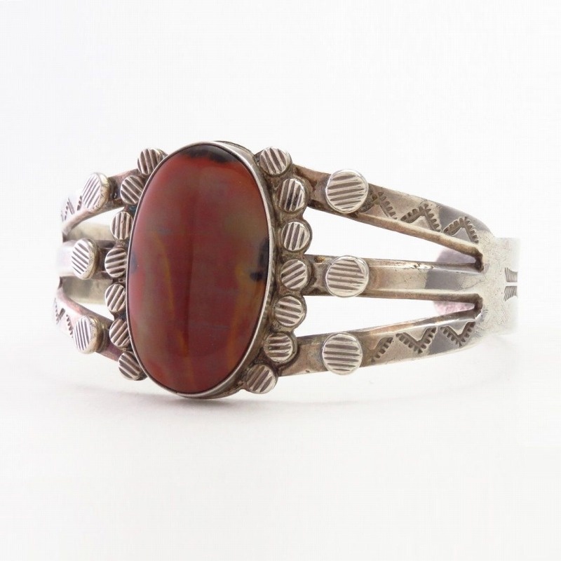 Vintage Navajo Arrows Stamped Cuff w/PetrifiedWood  c.1940～