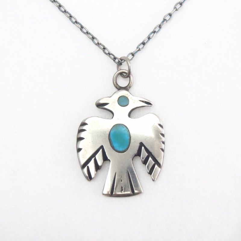 Vintage Zuni Turquoise Inlay Thunderbird Top Necklace c.1960