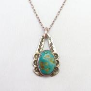 Antique Navajo Stamped Silver Fob w/Green TQ Necklace c.1930