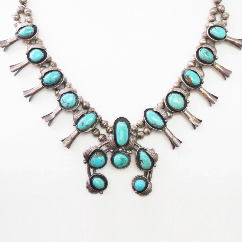 Old Leaf Applique Small Squash Blossom Naja Necklace c.1970～