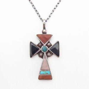 Vintage Zuni Multi-Stone Inlay Cross Fob Necklace  c.1955～