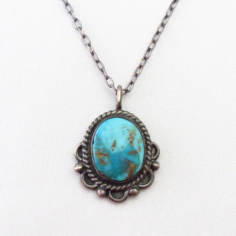 Vintage Navajo Pilot Mt. Turquoise Small Fob Necklace c.1950